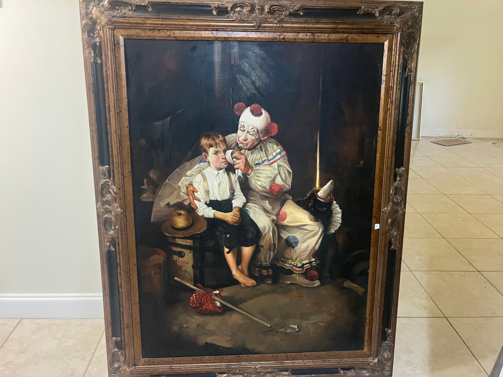 Oil Painting Clown Comforting a Crying Boy, in Ornate Gilt Frame: Expressive oil painting depicting a tender moment between a clown and a young boy, rendered in warm tones with theatrical lighting and fine brushwork. The clown's traditional costume and the emotional