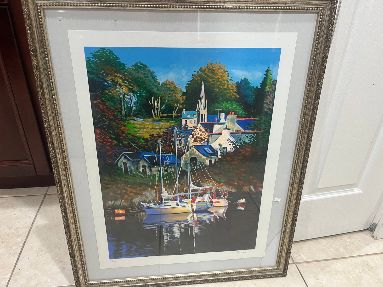 Franck Harbor Scene with Sailboats, Limited Edition Print (17/250): Vibrant limited edition print by Franck, depicting a tranquil harbor with moored sailboats reflecting on calm water. The composition features vivid blues, greens, and warm tones that capture the inter