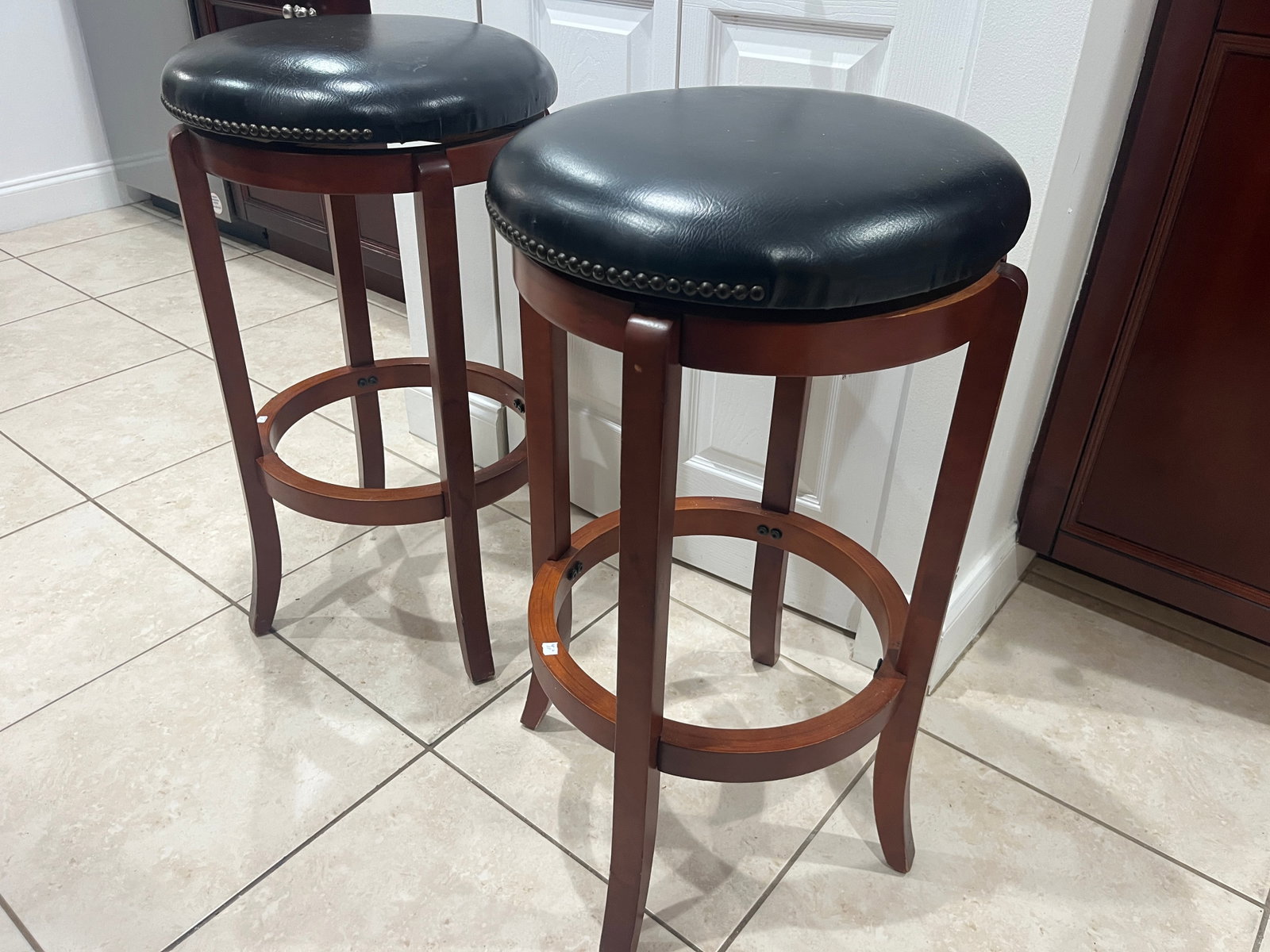 Pair of Contemporary Wood Bar Stools with Black Leather Upholstered Seats (1 of 3)