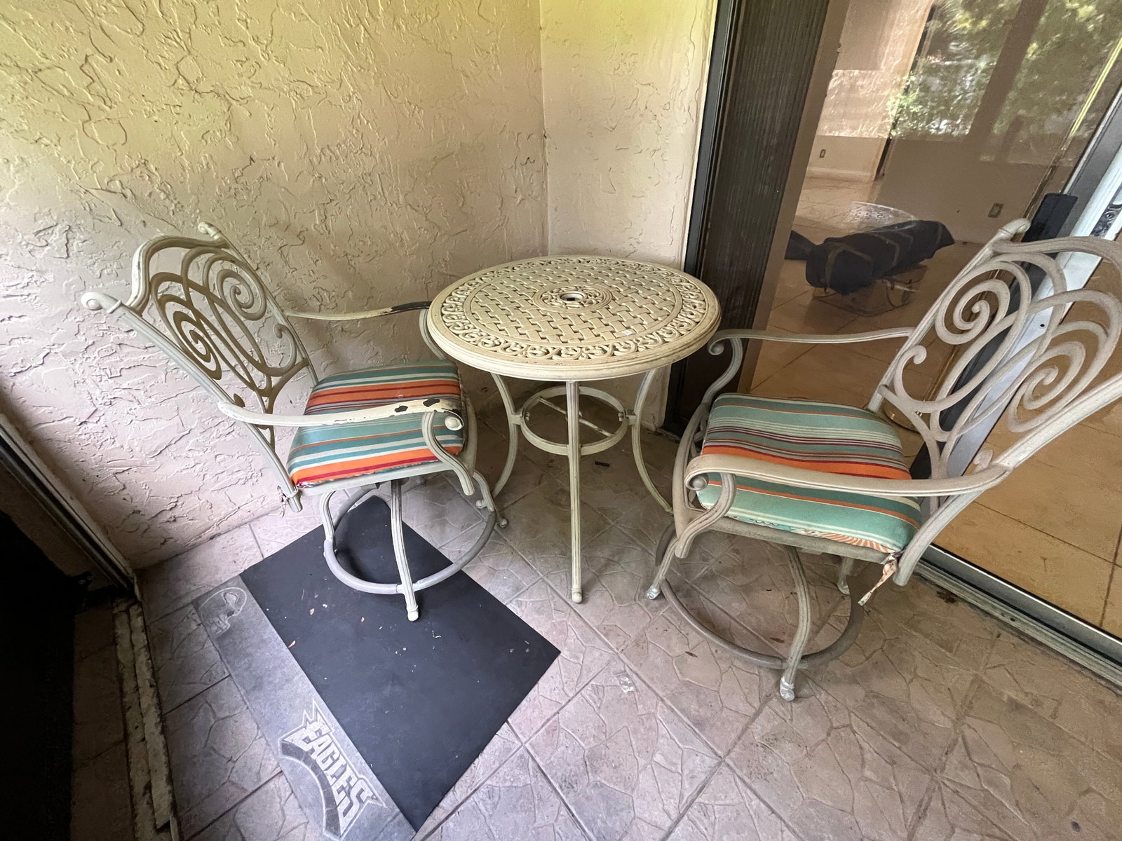 Cast Aluminum Patio Bistro Set with Ornate Round Table and Two Swivel Chairs (1 of 3)