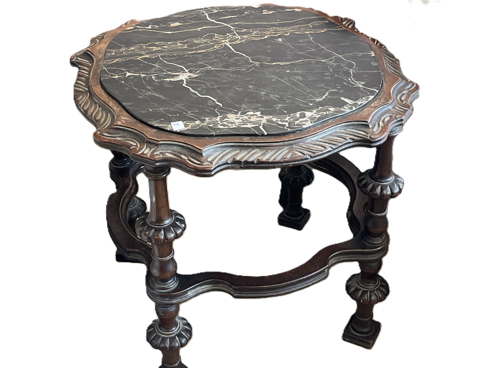 Antique Carved Walnut and Black Marble?Top Side Tablea, 20.5h x 24dia. (1 of 2)