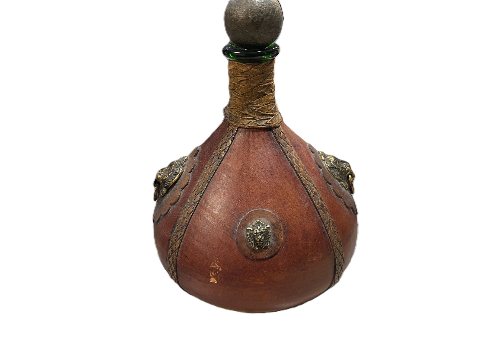 Vintage Leather-Clad Glass Wine Bottle Decanter with Brass Lion Head Mounts (1 of 2)