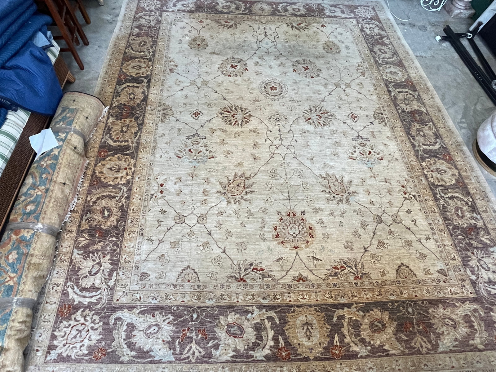 Vintage Light Mauve & Beige Hand-Knotted Wool Area Rug 15'x11'10": Large hand-knotted wool rug featuring a soft beige field with an elegant all over floral and vine lattice pattern in light mauve, taupe, ivory, and rust accents, framed by a wide brown/mauve border wi