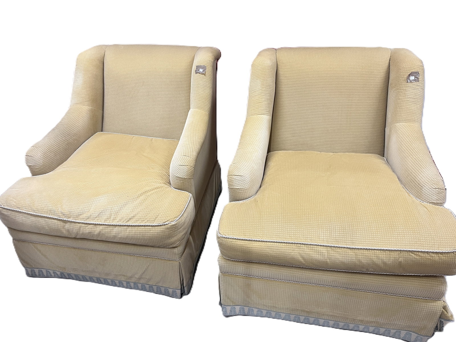 1- Century Furniture Upholstered Lounge Chair Pale Yellow Textured Fabric: Estate Century Furniture lounge chair featuring a gently flared back, rolled arms, and a tailored skirted base. Upholstered in pale yellow textured fabric with piped trim, offering a warm, refined loo