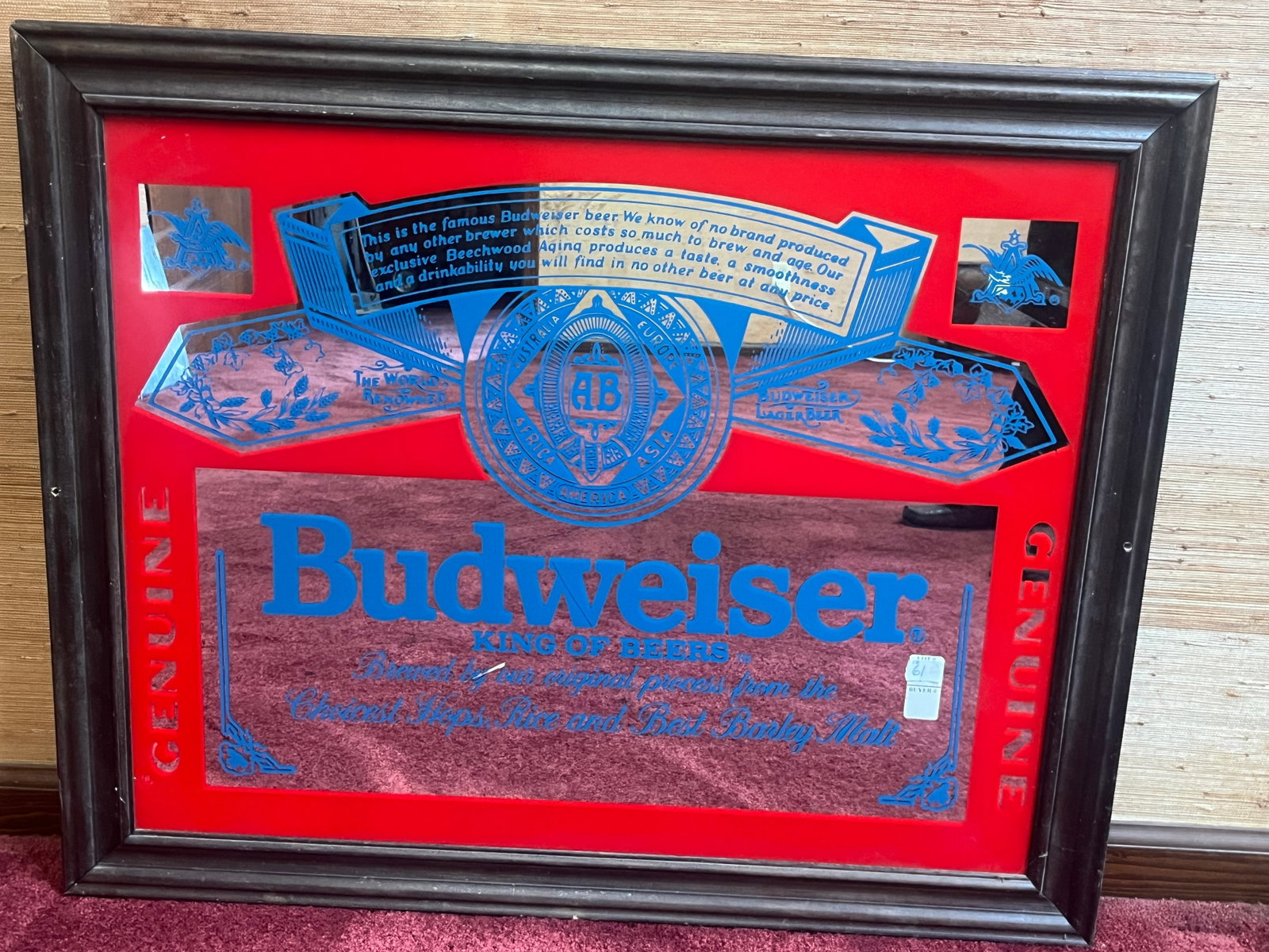 Vintage Budweiser "King of Beers" Etched Mirror Advertising Sign, Framed, 26.5 x 32 In.: Vintage Budweiser "King of Beers" advertising mirror featuring blue etched graphics on mirrored glass with a vibrant red backing. The design includes the iconic Budweiser logo, Anheuser-Busch eagle em