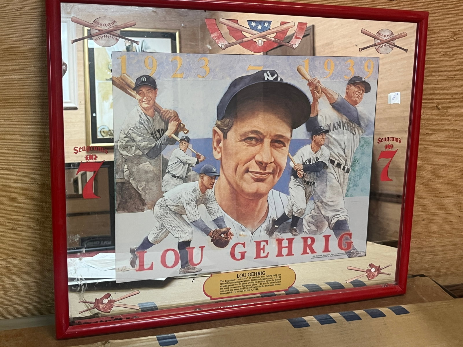 Vintage Seagram's 7 Lou Gehrig Framed Advertising Mirror, Plastic Frame, 17 x 21 In.: Vintage Seagram's 7 advertising mirror honoring baseball legend Lou Gehrig. Features a colorful montage of Gehrig in multiple New York Yankees poses with career dates 1923?1939, baseball-themed graphi