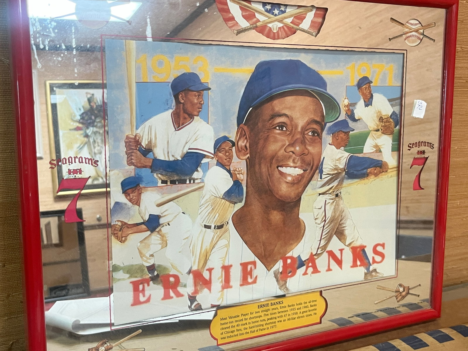 Vintage Seagram's 7 Ernie Banks Framed Advertising Mirror, Red Plastic Frame, 16.5 x 20 In. (1 of 2)