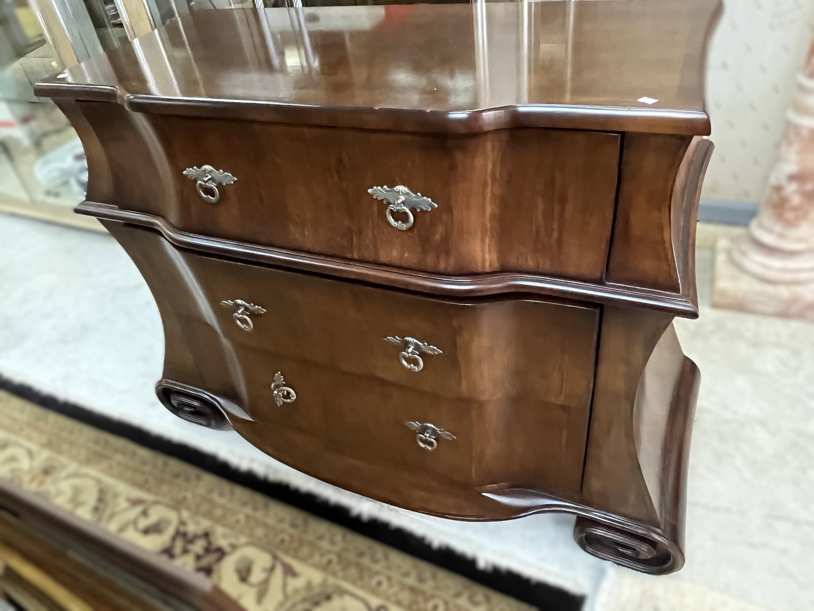 Mahogany Bombe Form Three Drawer Chest/Nightstand.36H x 48W x 23D (1 of 5)