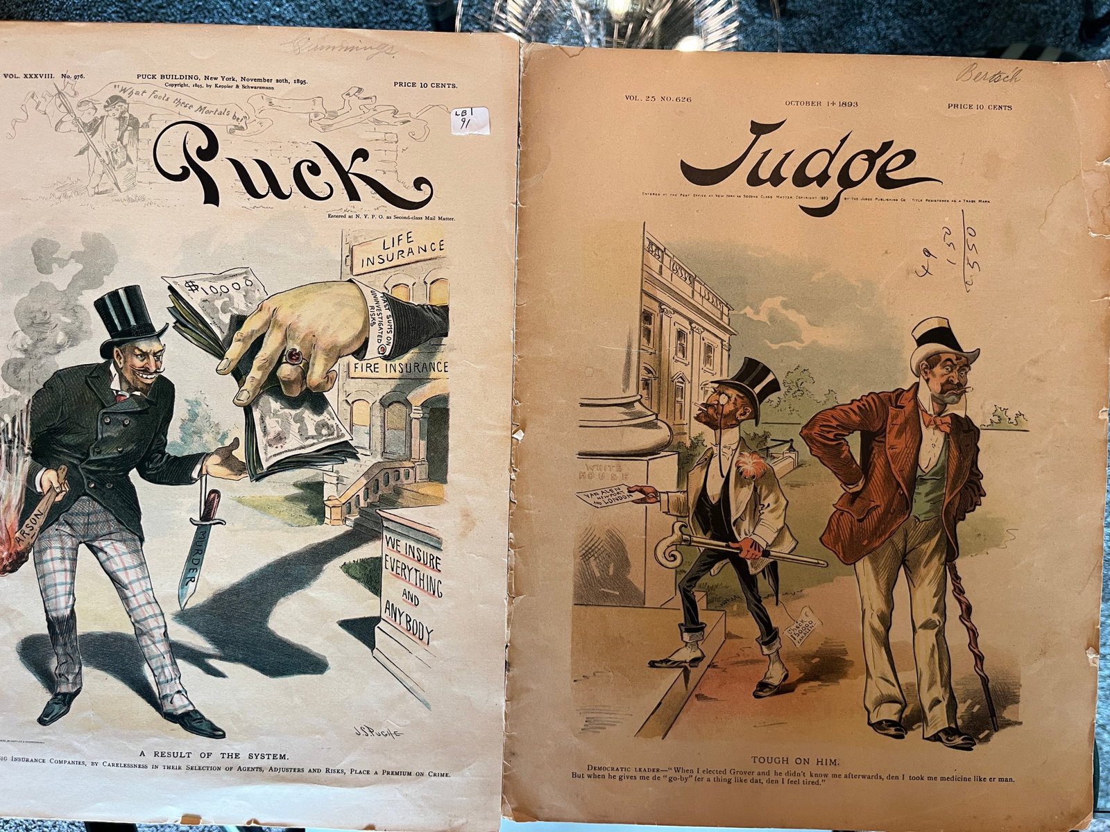 Two 1895 Puck & Judge Illustrated Humor/Satirical Weekly Magazines: Lot of two late 19th-century American illustrated satirical magazines including Puck and Judge, circa 1895. Features political cartoons, Victorian-era humor, social commentary, advertising art, and nu