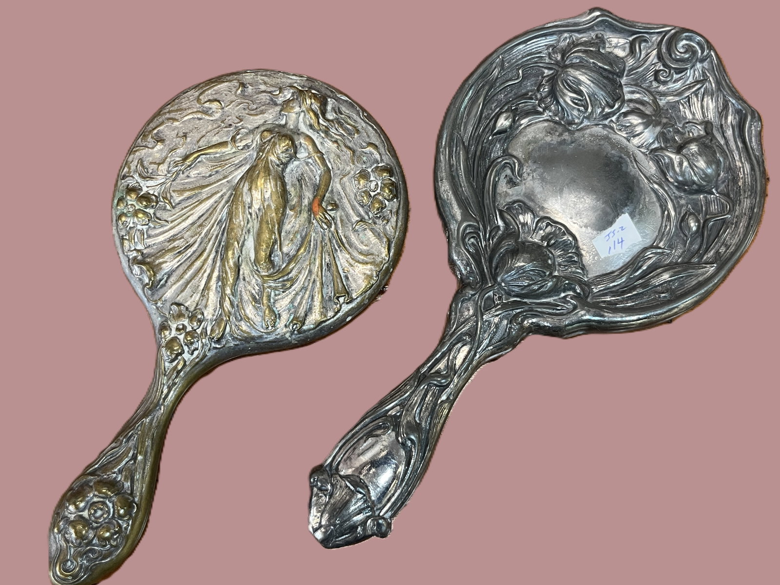 Pair of Art Nouveau Silver Plated Hand Mirrors, Floral & Maiden Motifs, Early 20th Century (1 of 2)