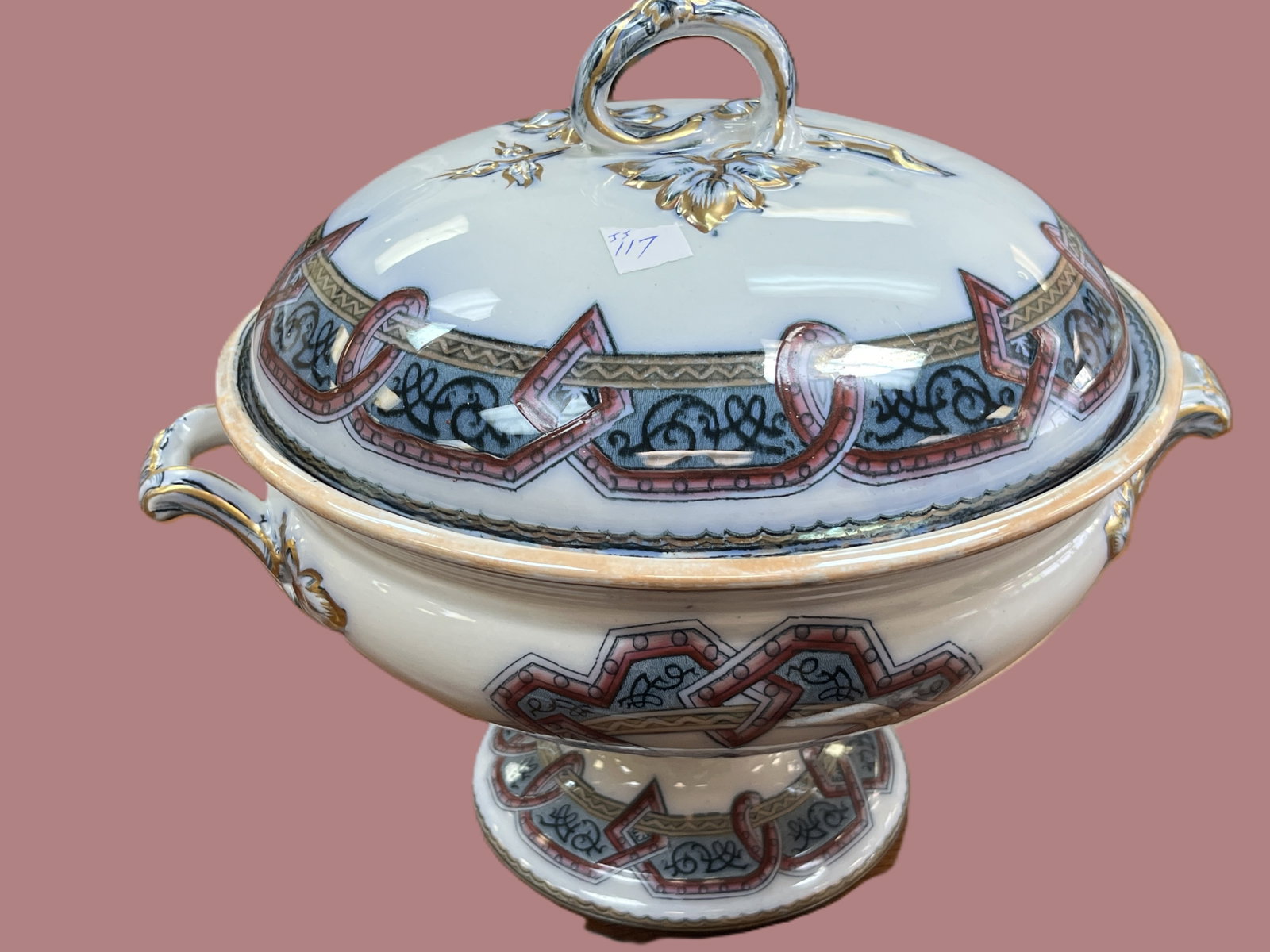 Victorian Egyptian Pattern Porcelain Pedestal Tureen with Lid, 10x10: Elegant late 19th century Victorian porcelain pedestal tureen featuring the Egyptian pattern, marked with a black transfer crest depicting St.George slaying the dragon above a banner reading EGYPTIAN.