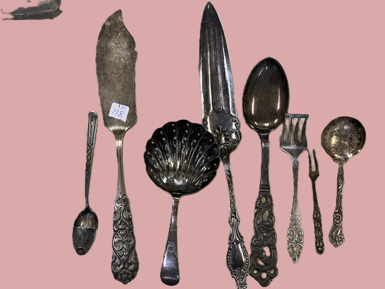Bag Lot of Vintage Ornate Silver Plated Serving Utensils, Assorted Patterns: Nice Collection of eight vintage silver plated serving utensils, each featuring elaborate Art Nouveau and Victorian style designs. The lot includes a pierced shell form ladle, fish server, serving spo