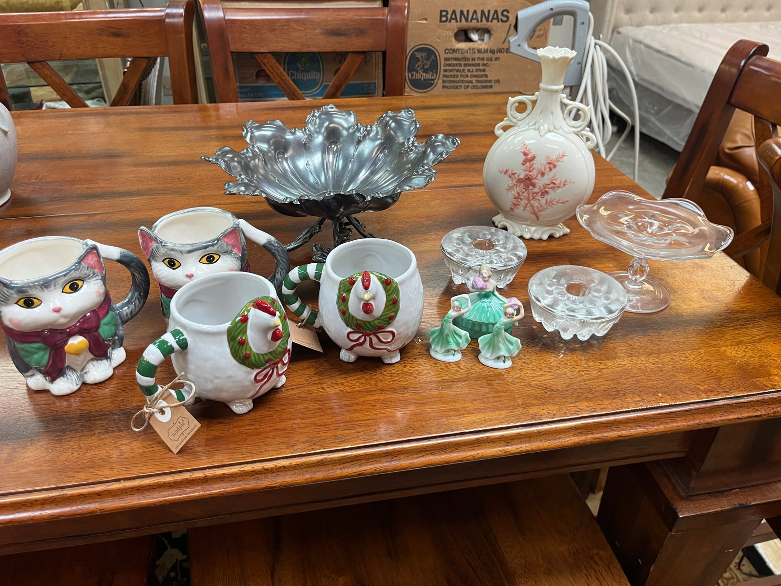 Box Lot of Vintage Porcelain Figurines, Glass Flower Frogs, and Holiday Mugs (1 of 5)