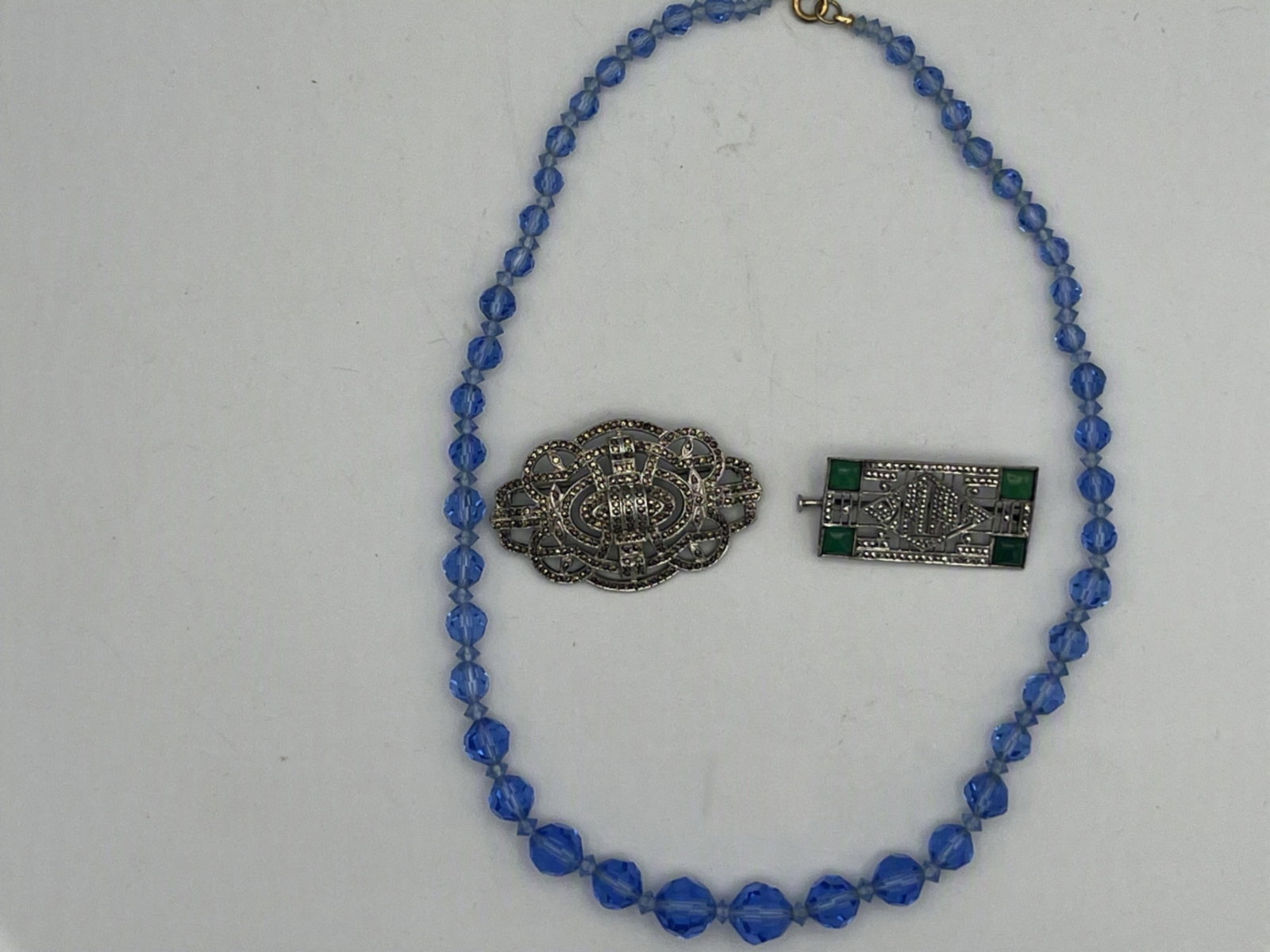 Bag Lor: Vintage Costume Jewelry Trio: Marcasite Brooches & Blue Bead Strand (1 of 5)