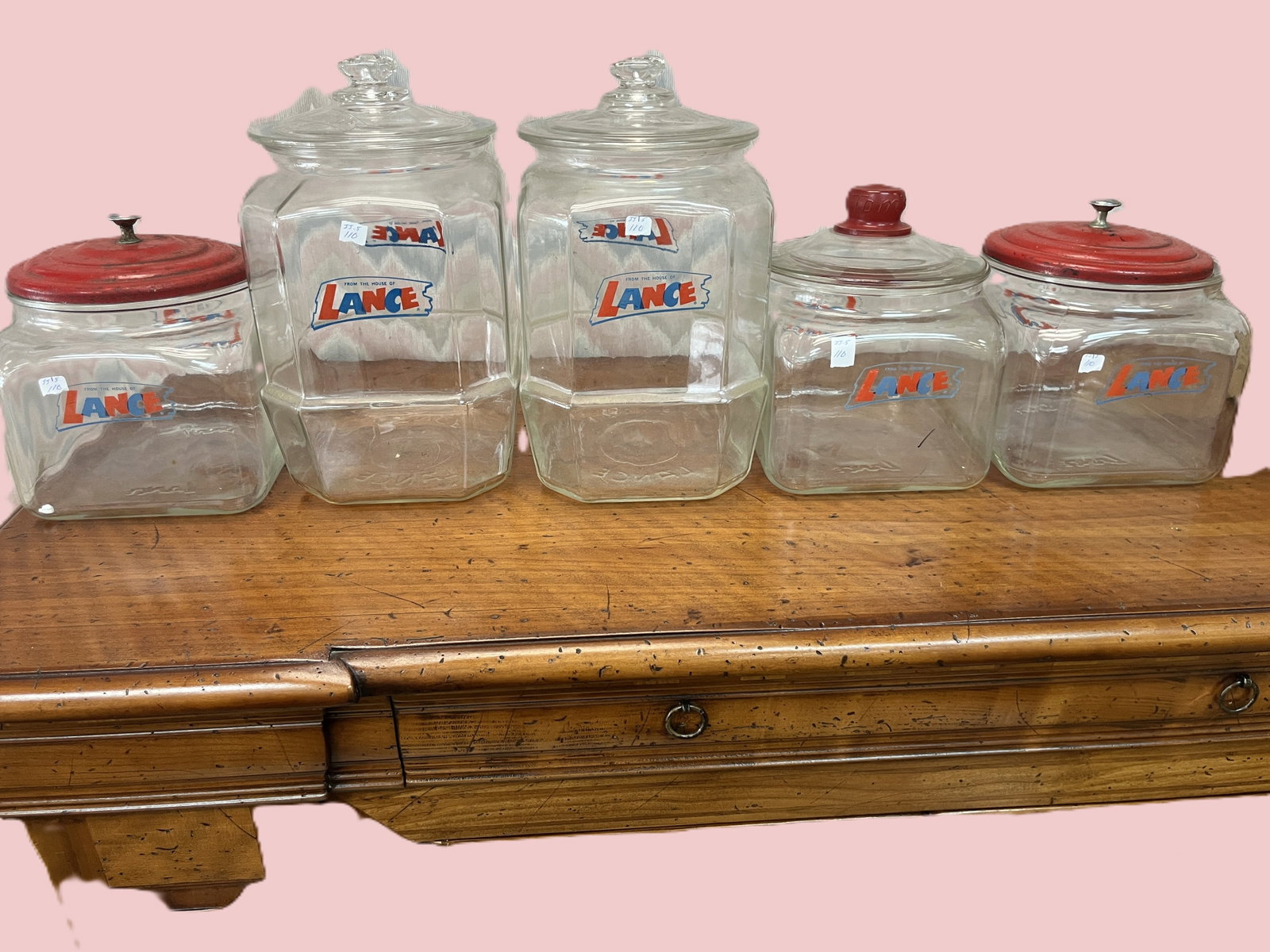 VTG-Set of Five Vintage Lance Glass Store Jars with Red and Clear Lids (1 of 3)