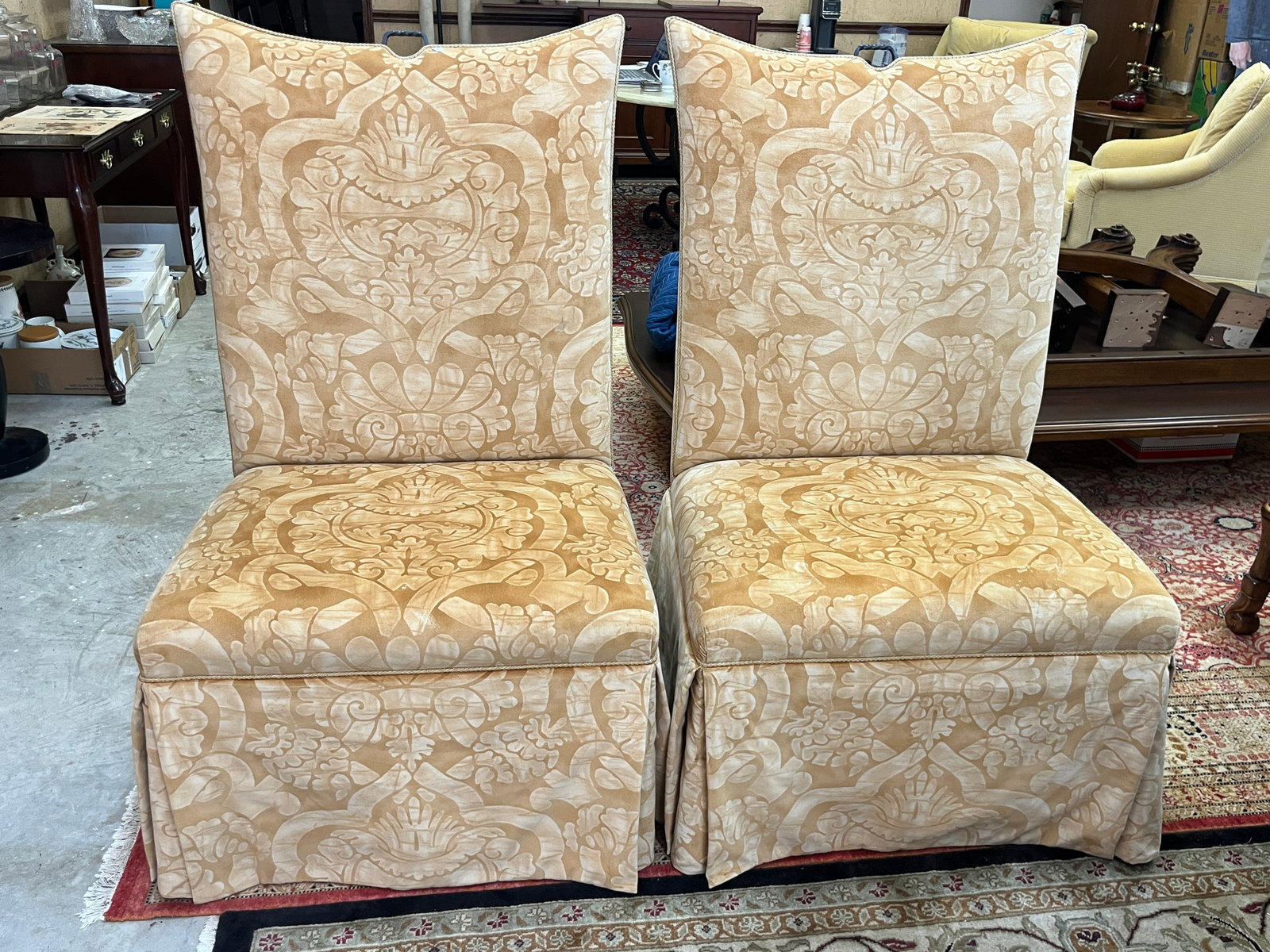 Pair Custom Upholsterd Gold Slipper Chairs, 48h x 29w x 28d (1 of 3)