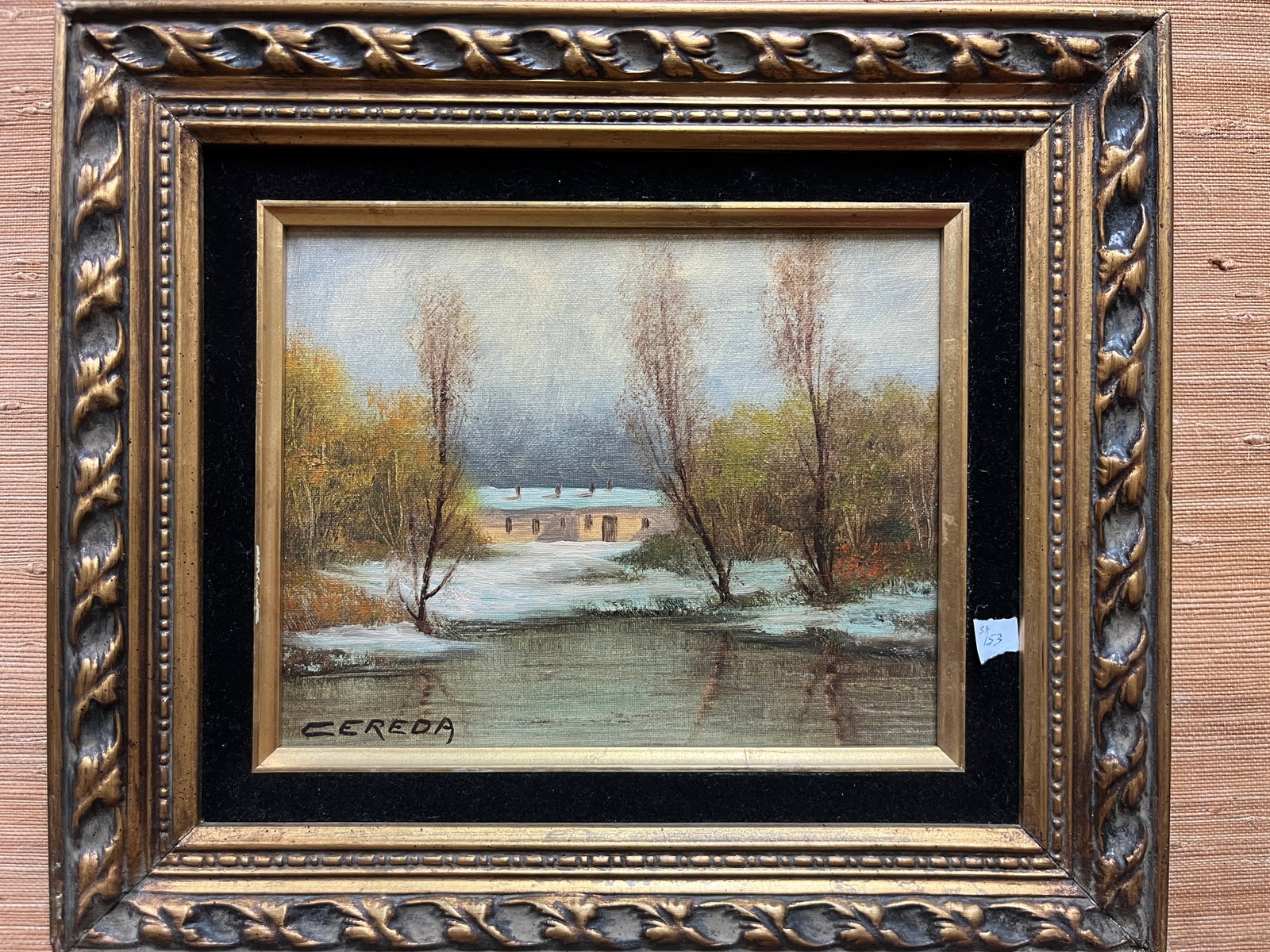 Cereda (20th Century) 'Winter Landscape': 8x10. A tranquil winter landscape depicting a snow-covered riverside with tall trees and a distant stone building under a soft gray sky. The artist's delicate brushwork and muted palette evoke a seren