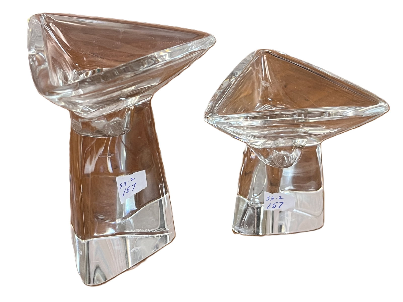 2-Crystal Val St. Lambert Triangular Candle Stick Holders, 3.25"h & 4.5"h (1 of 3)