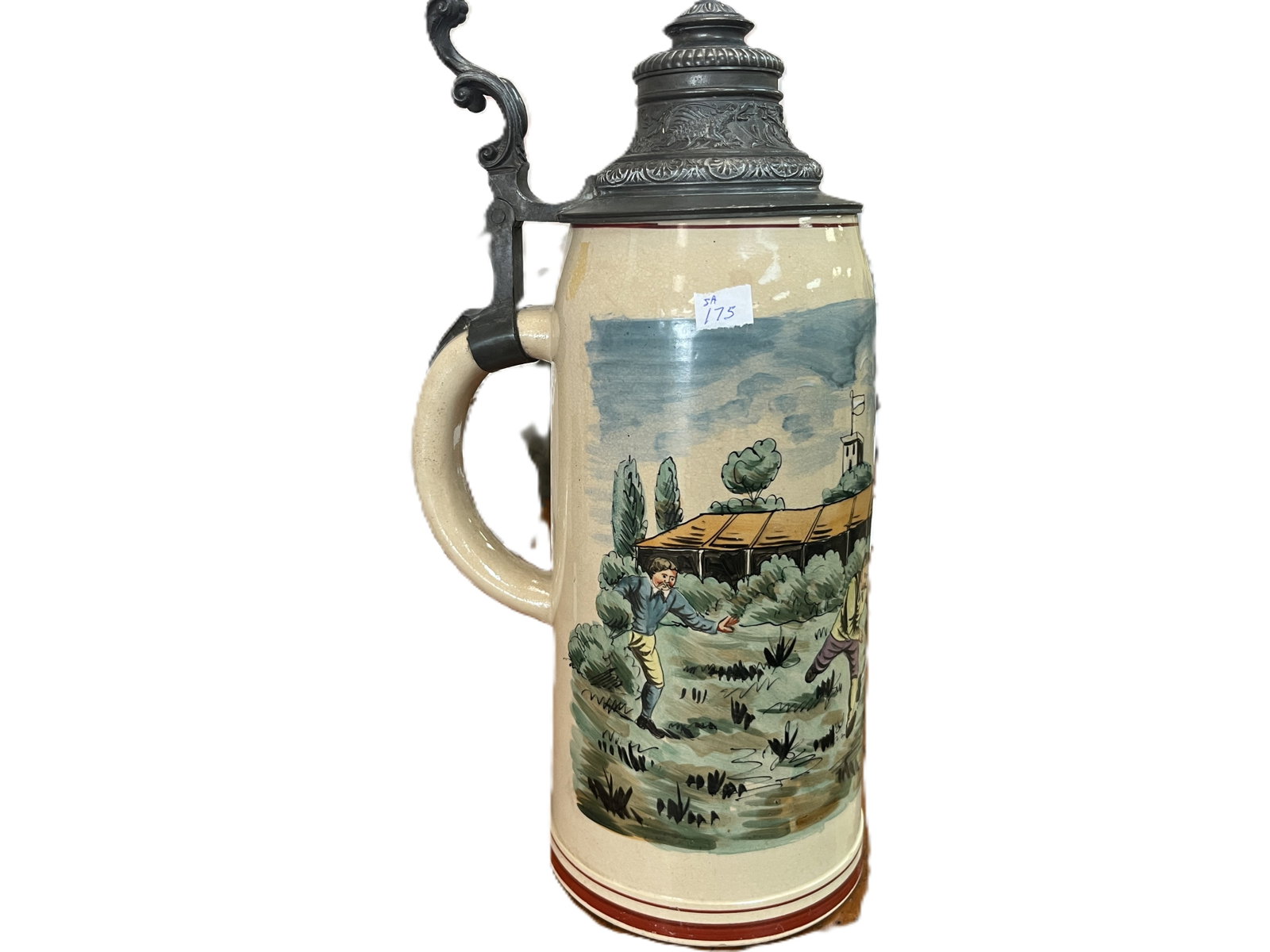 Merkelbach & Wick 2ltr. German Stein 13"h: This is an authentic ivory stoneware stein with a pewter lid produced in Grenzhausen. The company used the bottom mark from 1879-1921.
