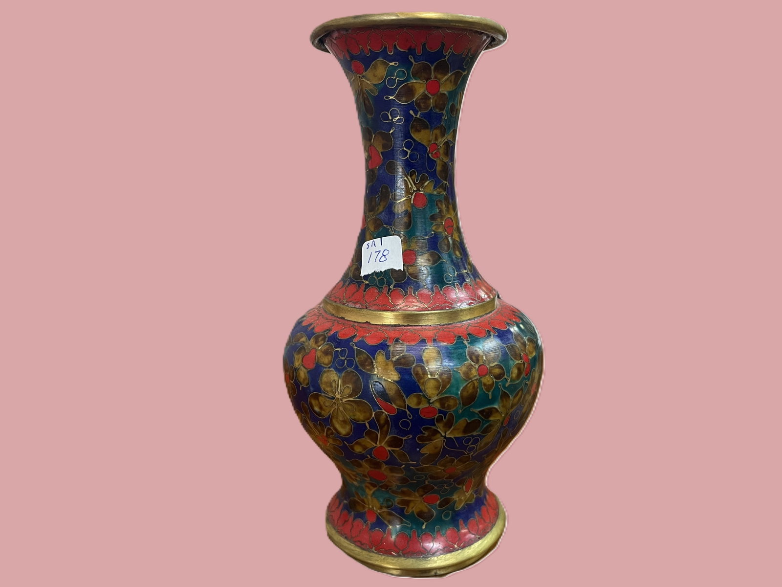 VTG Chinese Blue-Red Enamel Cloisonne Vase, 8"h (1 of 3)