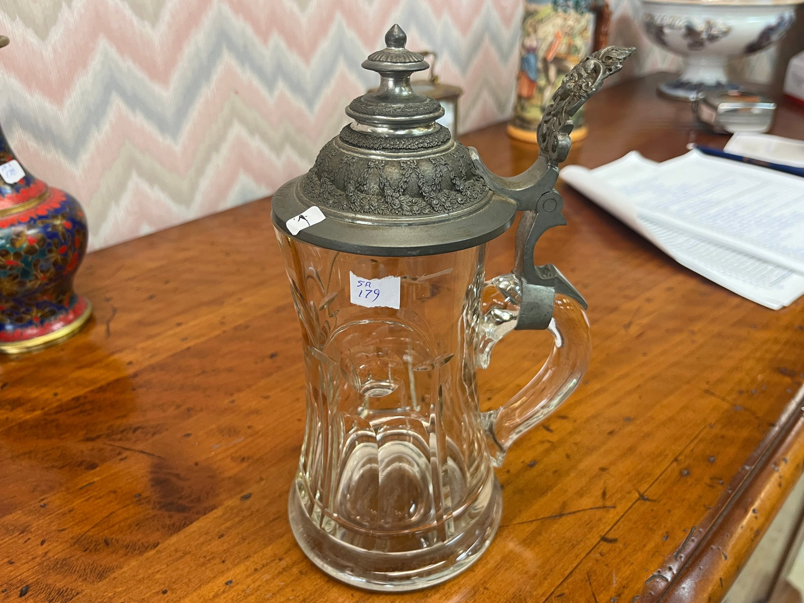 Antique Gorham Mfg. Co. Cut Glass with Repousse Pewter Top Beer Stein, 8.5"h (1 of 3)