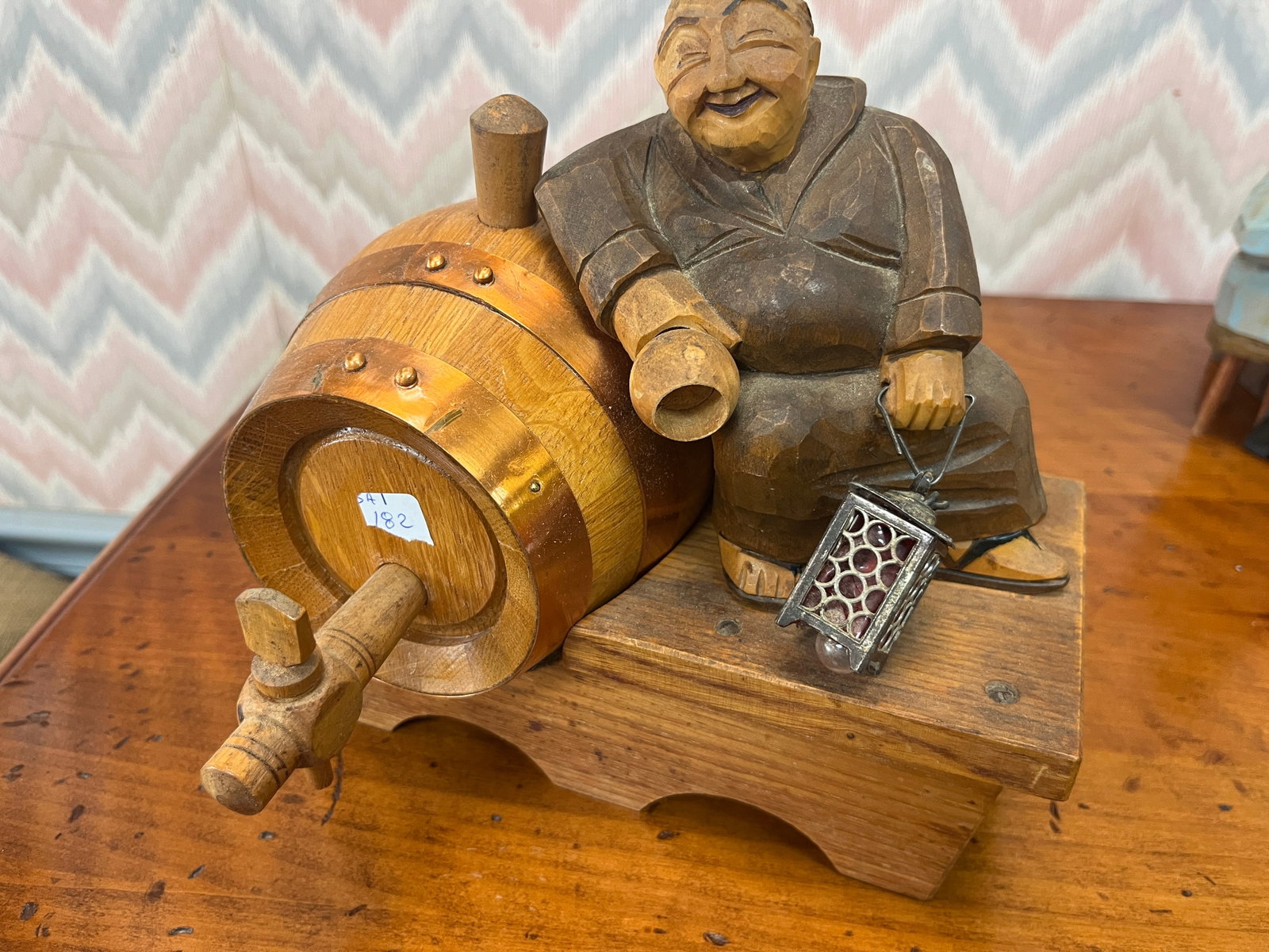 VTG Italian ANRI Hand-Carved Wood Figure of a Monk Sitting on a Wine Barrel Holding an Lantern (1 of 5)