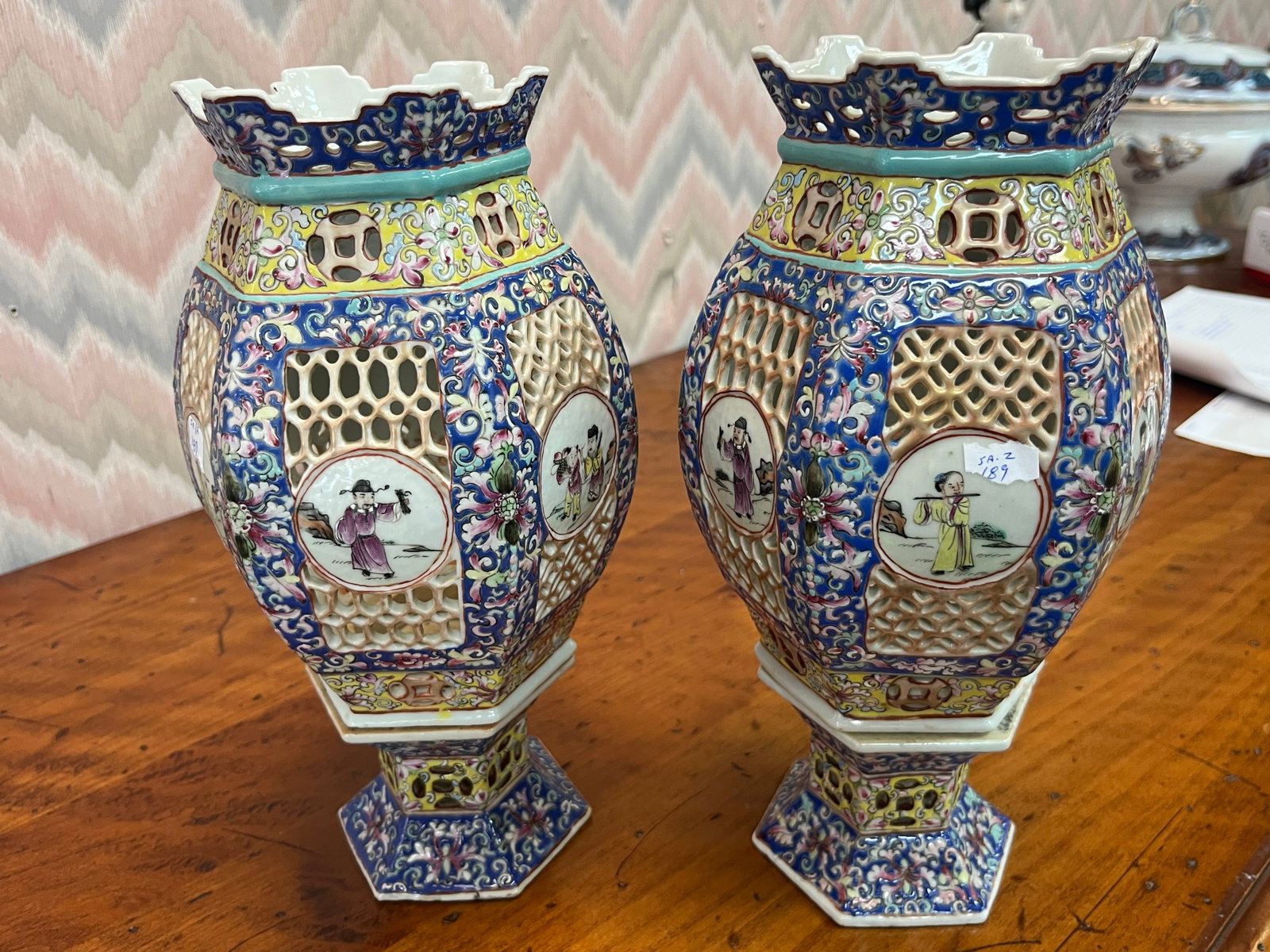 Pair VTG Chinese Porcelain Famille Rose Reticulated Hexagonal Porcelain Wedding Lanterns, 10"h (1 of 4)