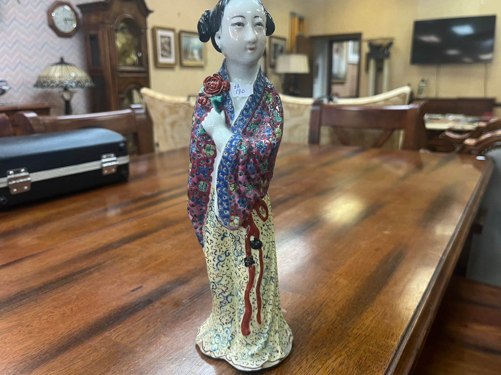 VTG Famille Rose Porcelain Chinese Figural Woman, 10.5"h: An elegant antique Chinese porcelain figurine depicting a standing court lady or immortal (possibly HE Xian'gu)., measuring 10.5" in height.