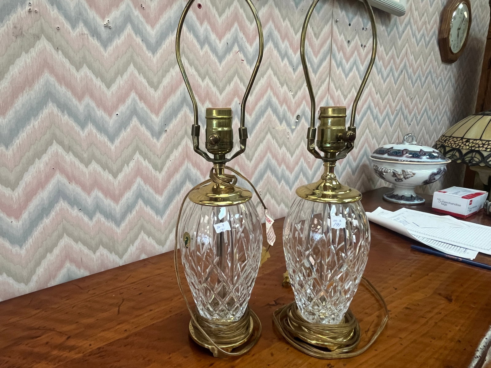 Pair Waterford Crystal Table Lamps-Alana/Marlow Diamond cut Pattern, Silver/Brass Hardware (no (1 of 2)