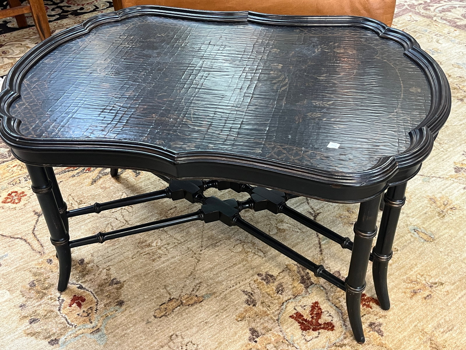 Black Lacquered Chinoiserie Table with Scalloped Top and Faux Bamboo Legs, 19.5H x 36W x 26D (1 of 4)