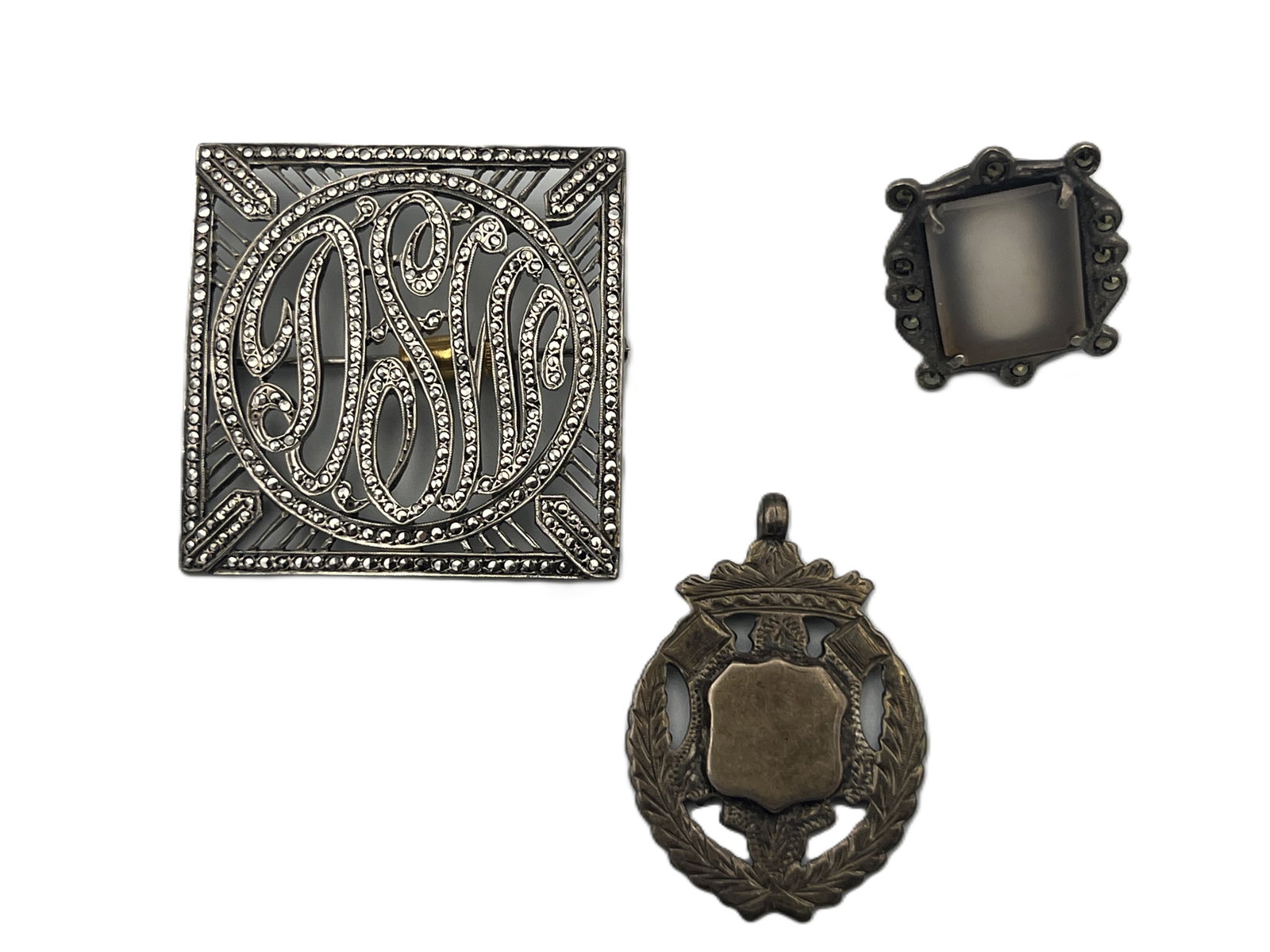 Bag Group of Three Vintage Sterling Silver Pieces — Marcasite Ring, Monogram Brooch, and: A fine trio of vintage sterling silver items, including: Rectangular Marcasite Ring featuring a frosted gray stone in an ornate scalloped setting with marcasite accents. Square Monogram Brooch with in