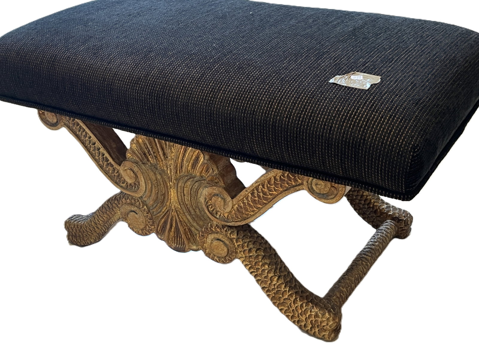 Vintage Giltwood Shell Motif Bench with Black Upholstered Seat.: Elegant vintage giltwood bench featuring a carved shell and scroll motif base with serpentine legs and cross-brace detailing. The frame is finished in antiqued gold leaf, complementing the modern blac