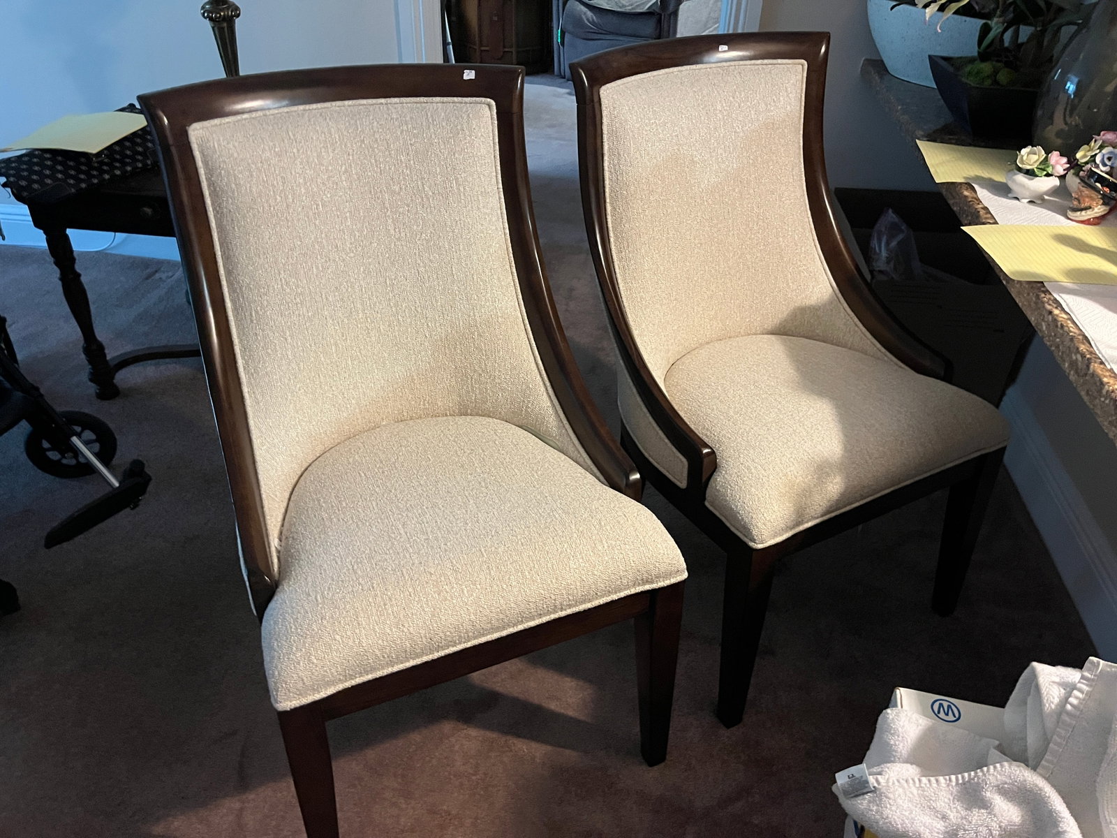 Pair of Bernhardt Upholstered Curved-Back Accent Chairs, Espresso Frames, 38"H ? 24"W ? 26"D (1 of 3)