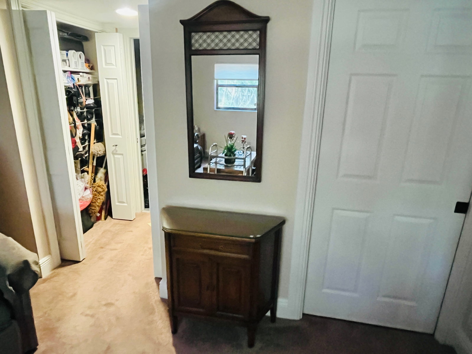 Arched-Top Mirror with Lattice Inlay and Matching Console Cabinet, 70"H ? 28"W ? 16"D