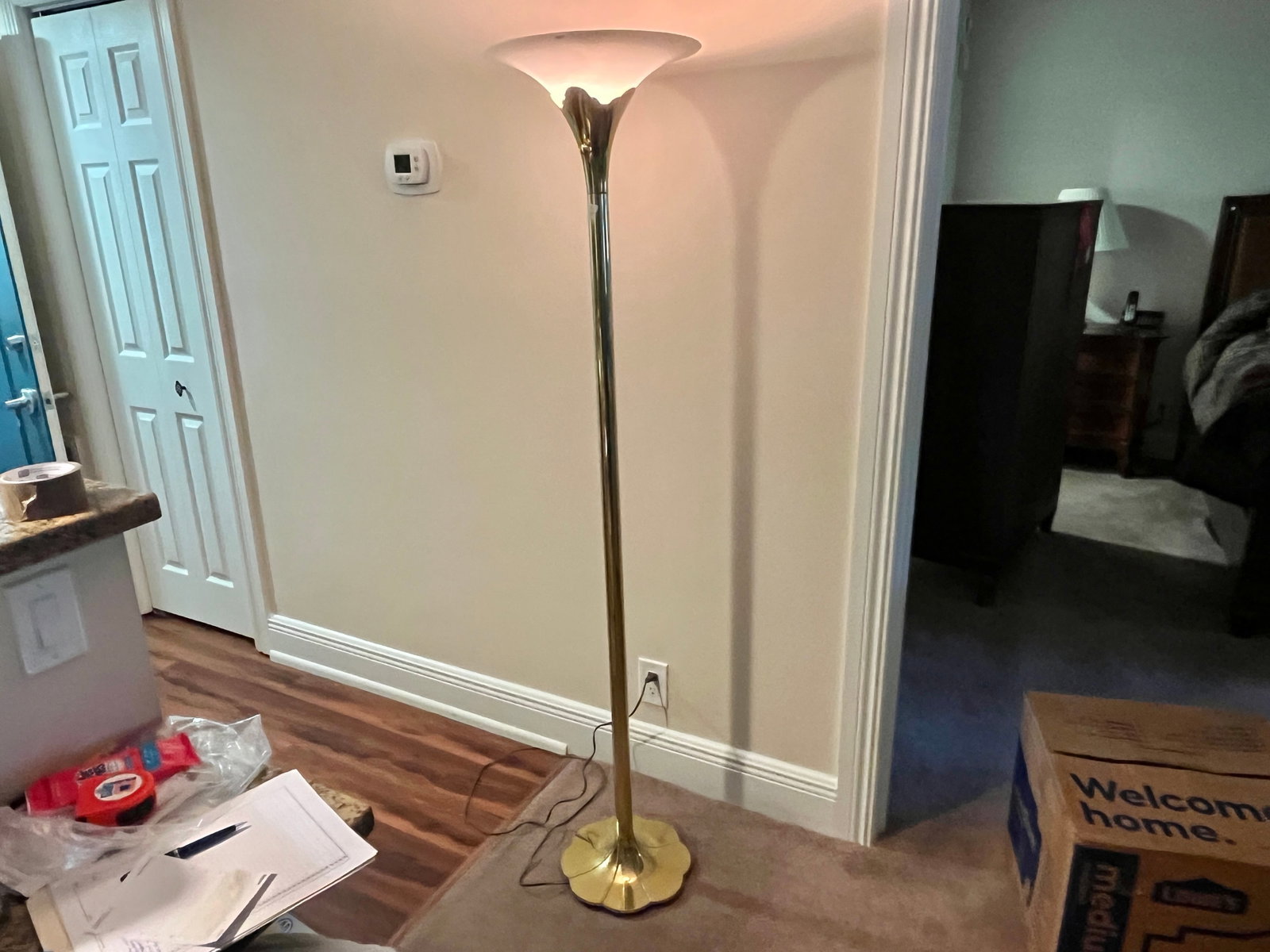 Vintage Brass Torchiere Floor Lamp with Petal-Form Base and Flared Glass Shade, 67"H (1 of 3)