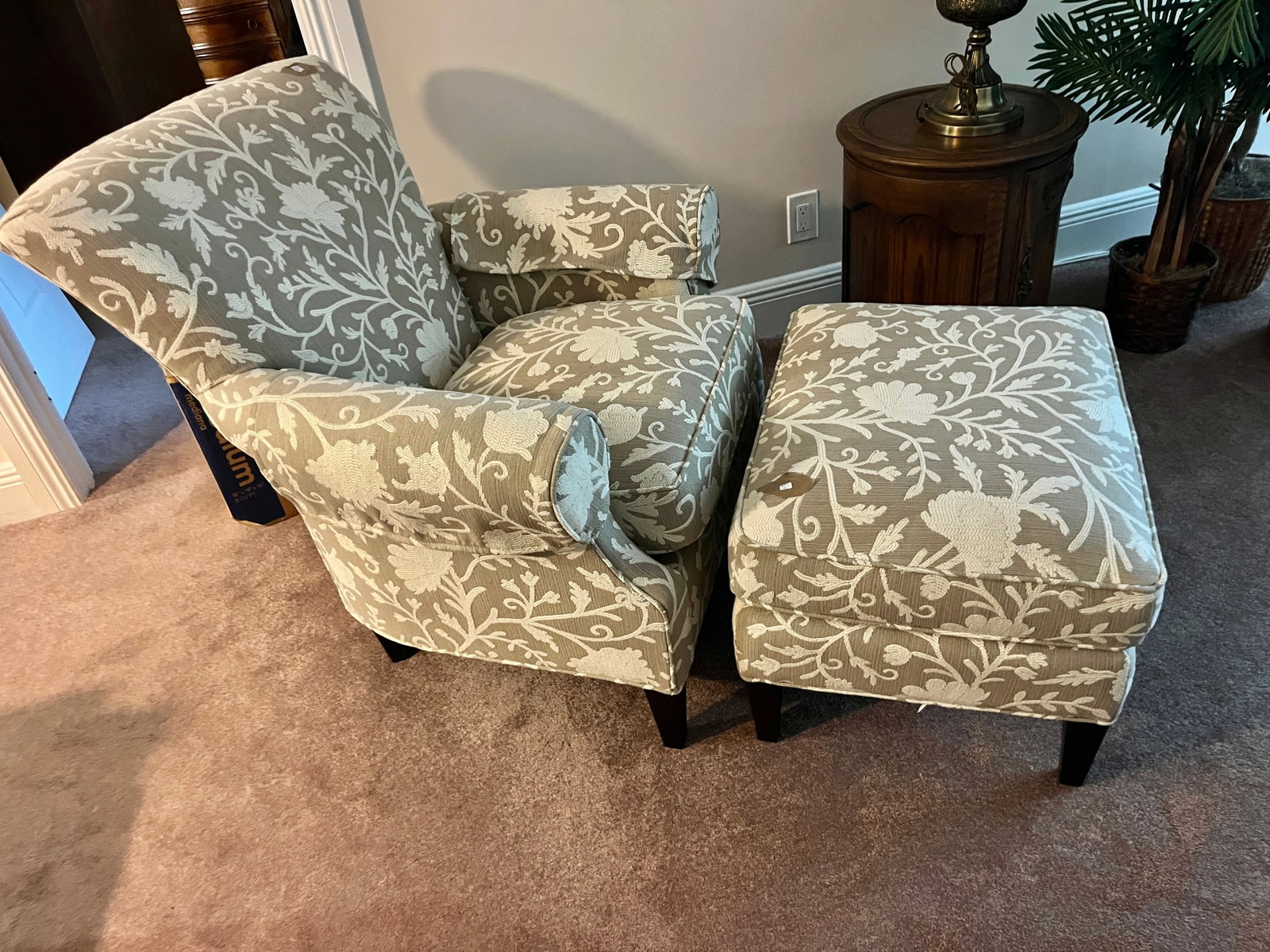 Upholstered Rolled-Arm Lounge Chair with Matching Ottoman, Floral Jacquard Fabric, 38"H ? 36"W  (1 of 3)