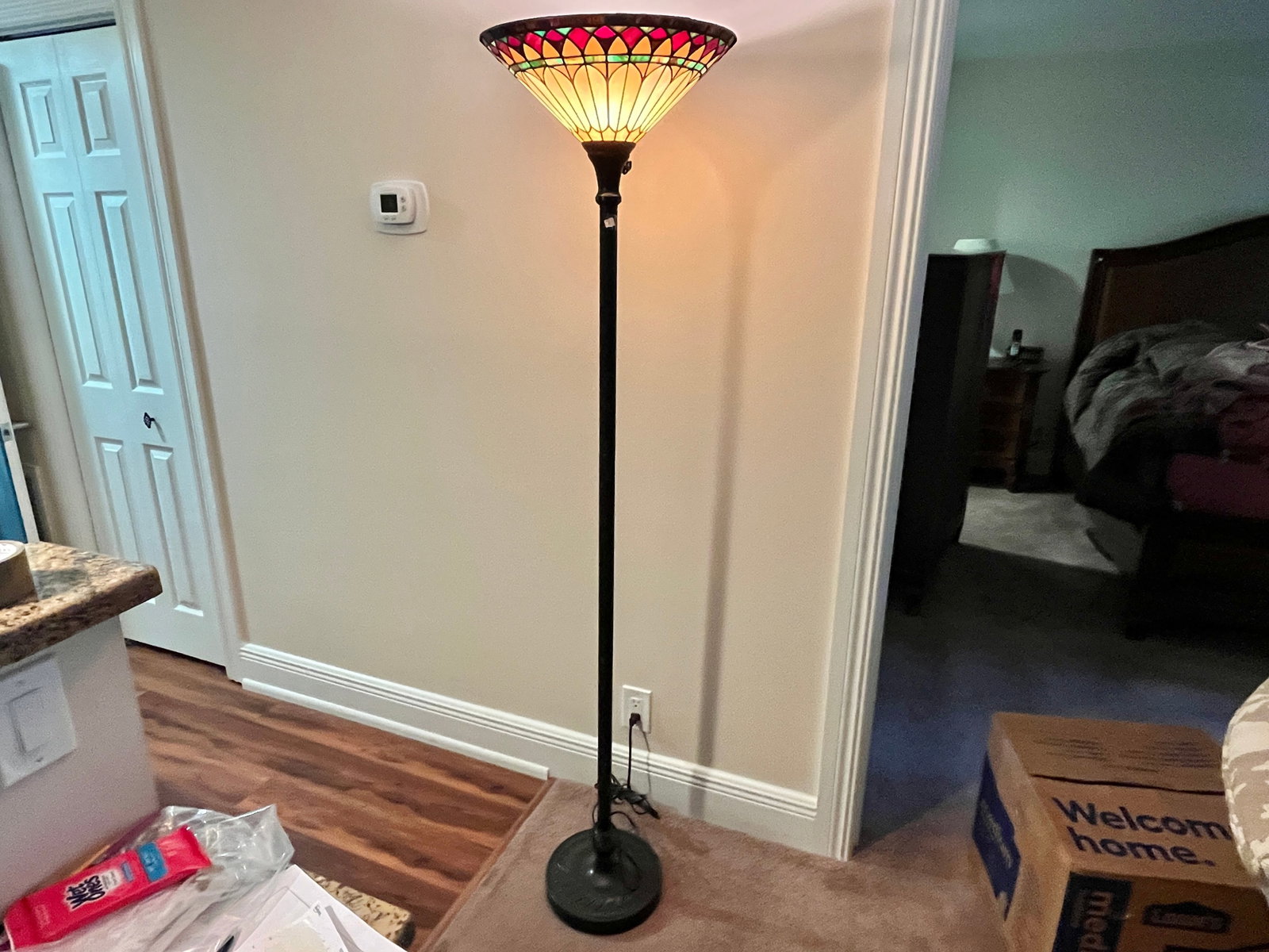 Tiffany-Style Stained Glass Torchiere Floor Lamp, Multicolor Leaded Shade, 70"H