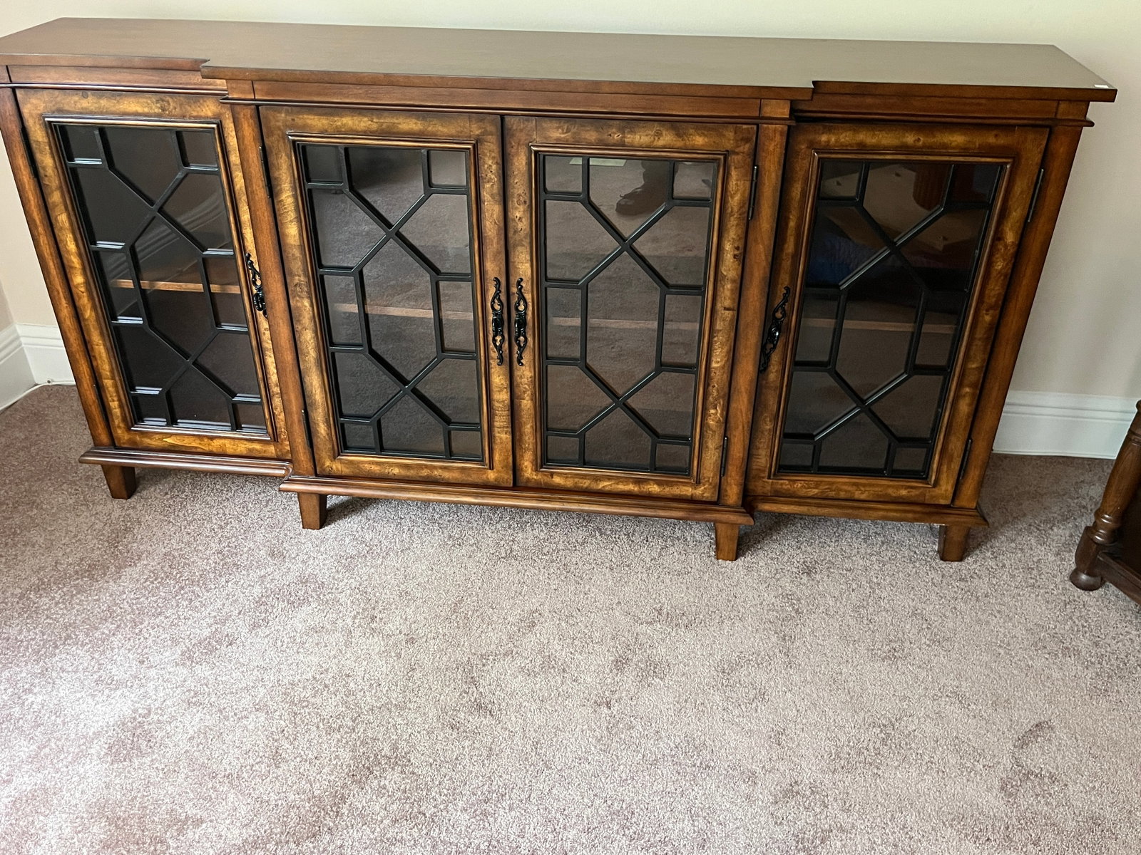 Vintage Walnut Cabinet with Leaded Glass Doors, 35"H x 70"W x 14.5"D (1 of 3)