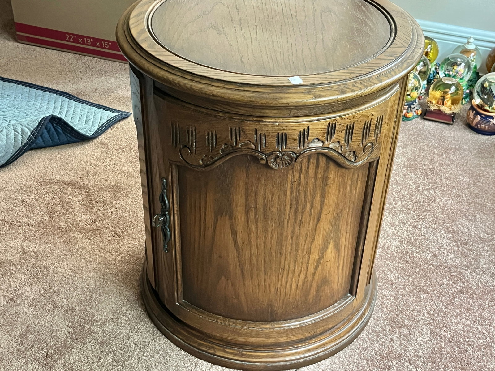 Vintage Round Oak Cabinet with Carved Detail, 24"H x 20"Dia (1 of 3)