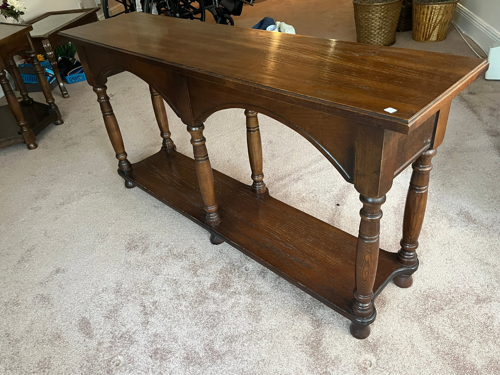 Vintage Oak Console Table with Turned Legs and Arched Apron, 27"H x 54"W x 13.5"D (1 of 3)