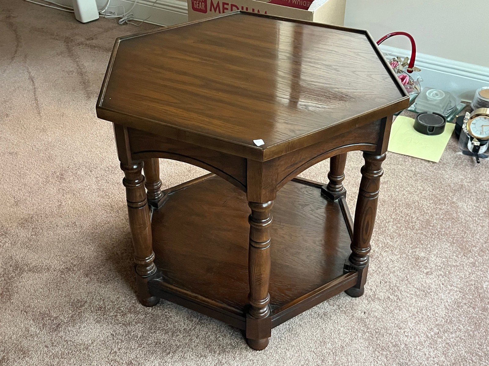 Vintage Hexagonal Oak Side Table with Turned Legs, 23"H x 25"W (1 of 2)