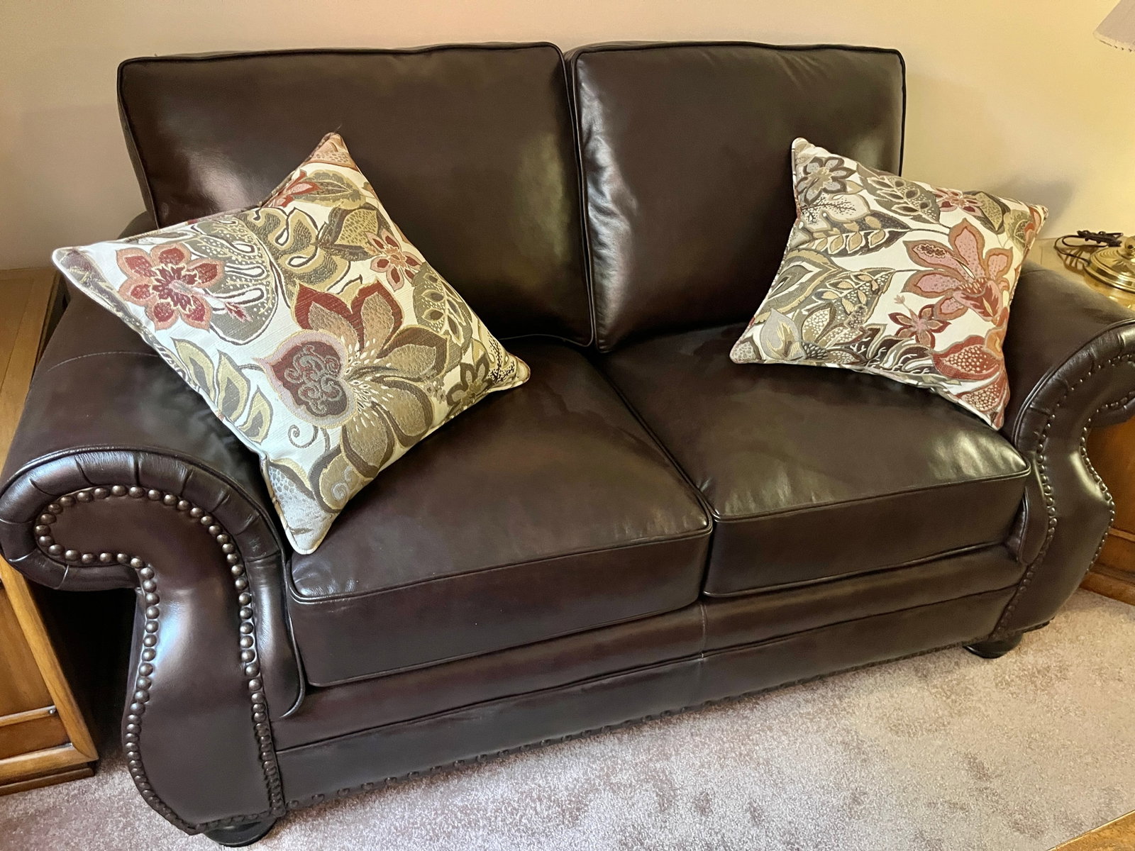 Bernhardt Leather Loveseat with Rolled Arms and Nailhead Trim, 5'6"W (1 of 3)