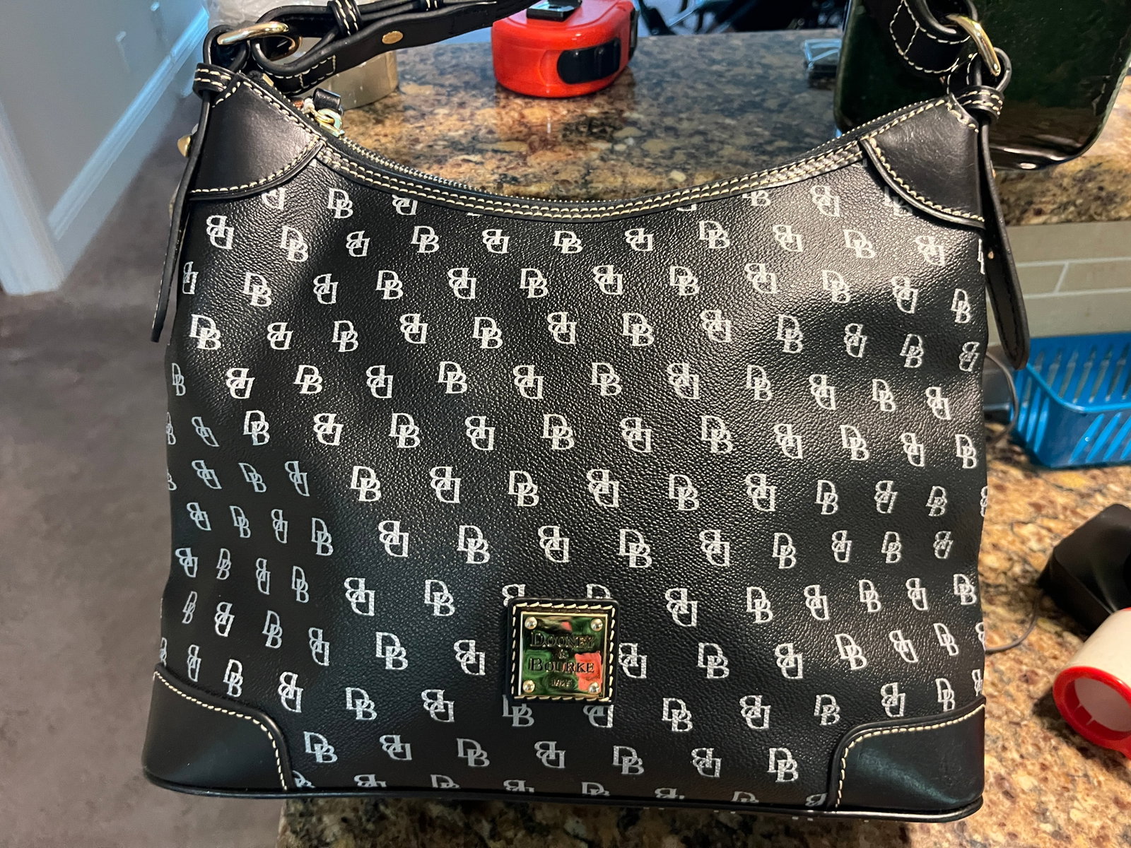 Dooney & Bourke Black Monogram Leather Shoulder Bag with Red Interior (1 of 3)