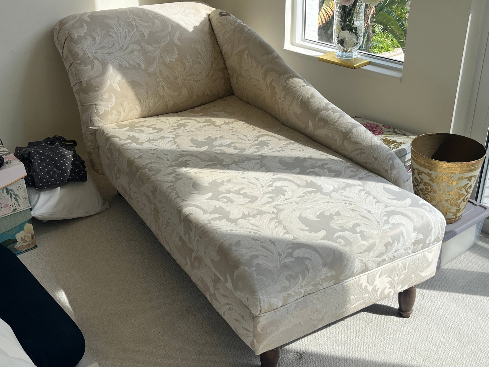 Traditional Upholstered Chaise Lounge, Cream Damask Fabric, 31 x 66 x 30 in. (1 of 2)