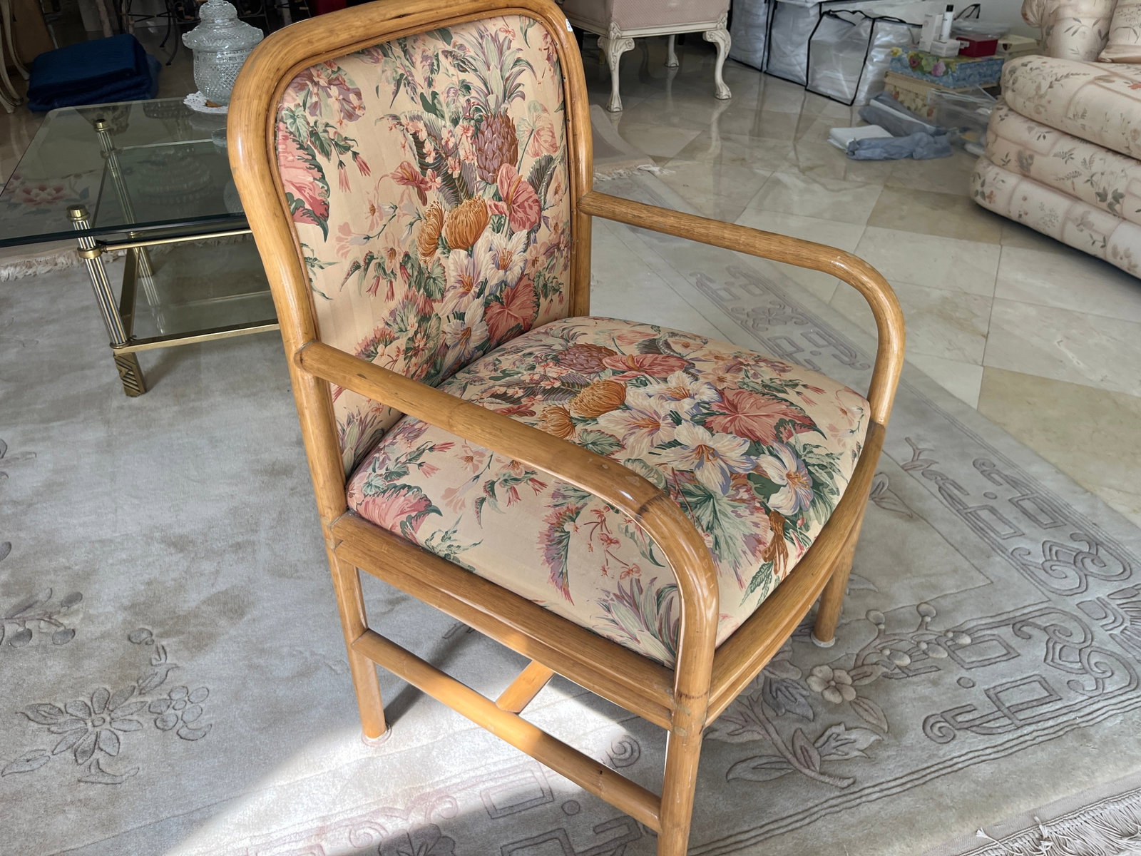 Vintage Bent Rattan Barrel Back Upholstered Armchair (1 of 4)