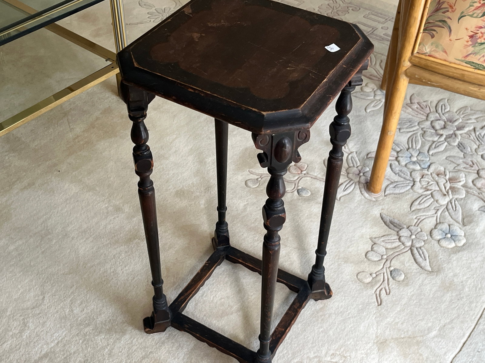 Antique Dark Stained Side Table, 25" H ? 12" Sq (1 of 3)