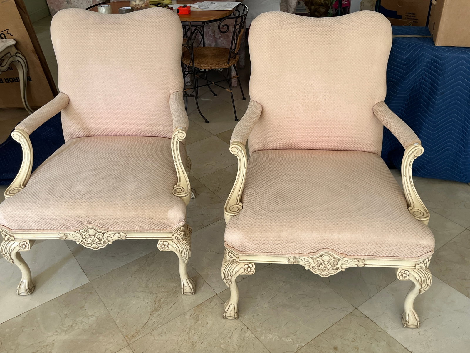 Pair of Carved Cream Painted Armchairs with Upholstered Seats, 20th Century, 40" H ? 28" W ? 30" D (1 of 4)