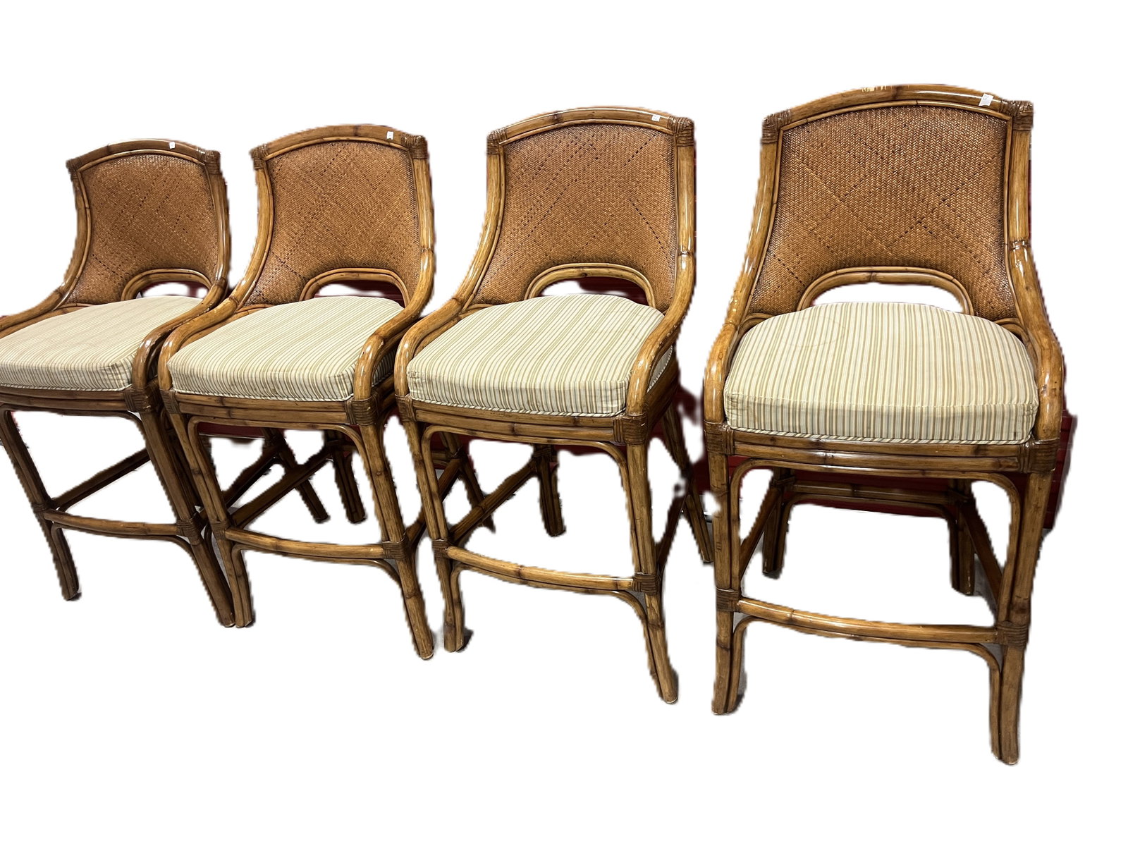 Set of Four Palecek Rattan Barstools with Woven Backs and Striped Cushions (1 of 5)