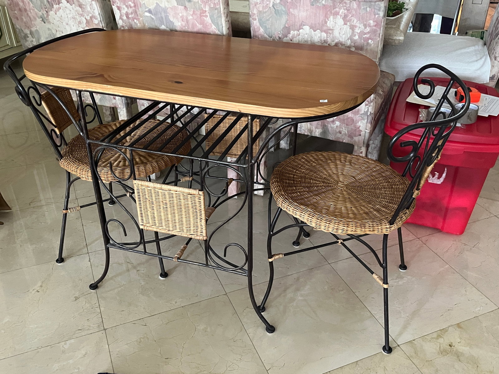 Wrought Iron and Wicker Bistro Table with Two Chairs, 21" D ? 40" W ? 21" H (1 of 3)