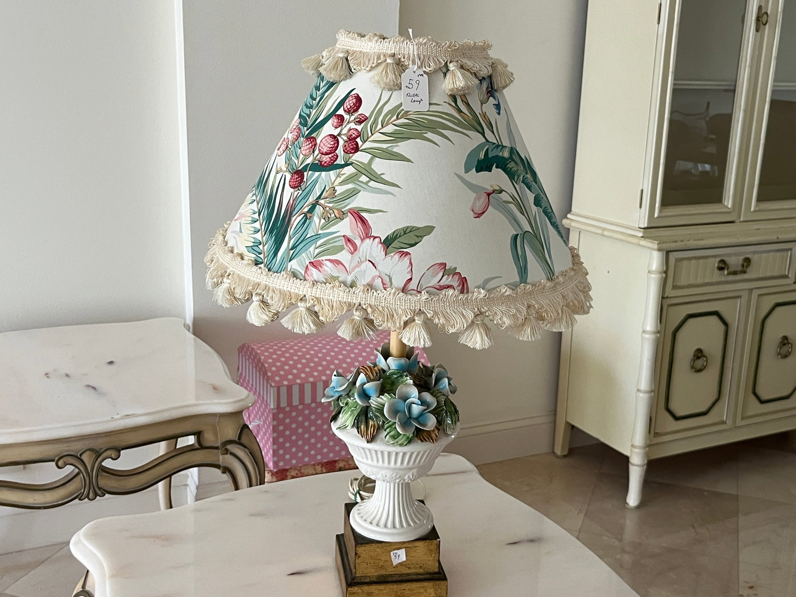 Vintage Porcelain Floral Table Lamp with Custom Tassel Shade, 26"H (1 of 3)